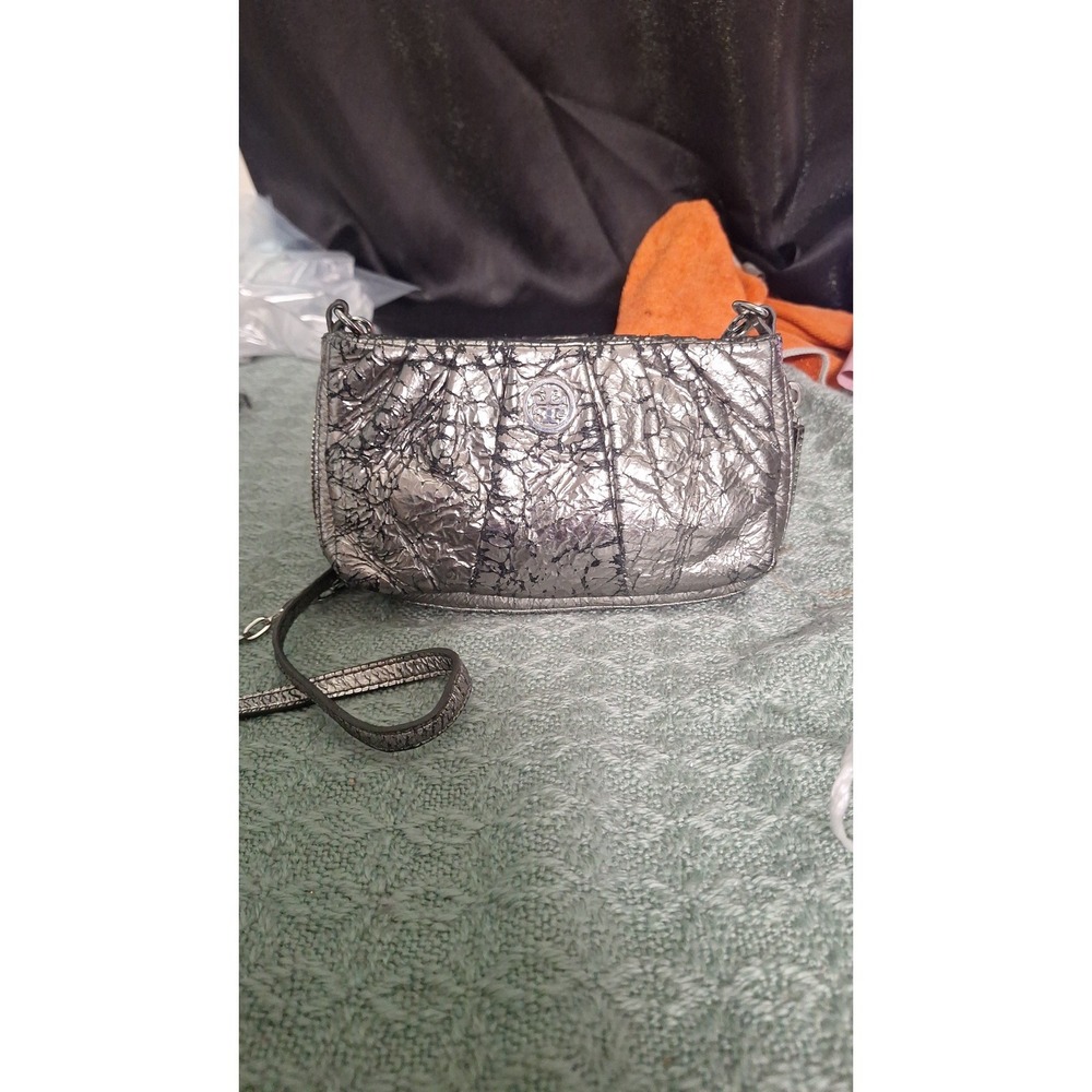 76.Tory Burch Metallic Grey Coated Fabric Mini Kateson Shoulder Bag